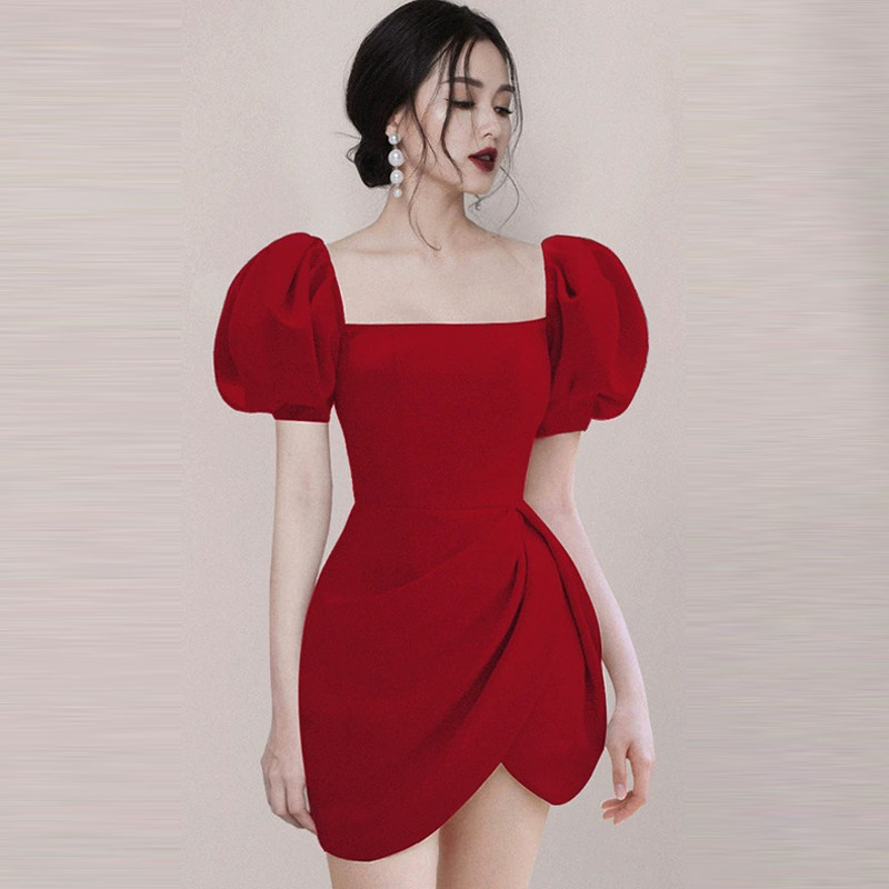 法式红色泡泡袖收腰显瘦礼服短裙
