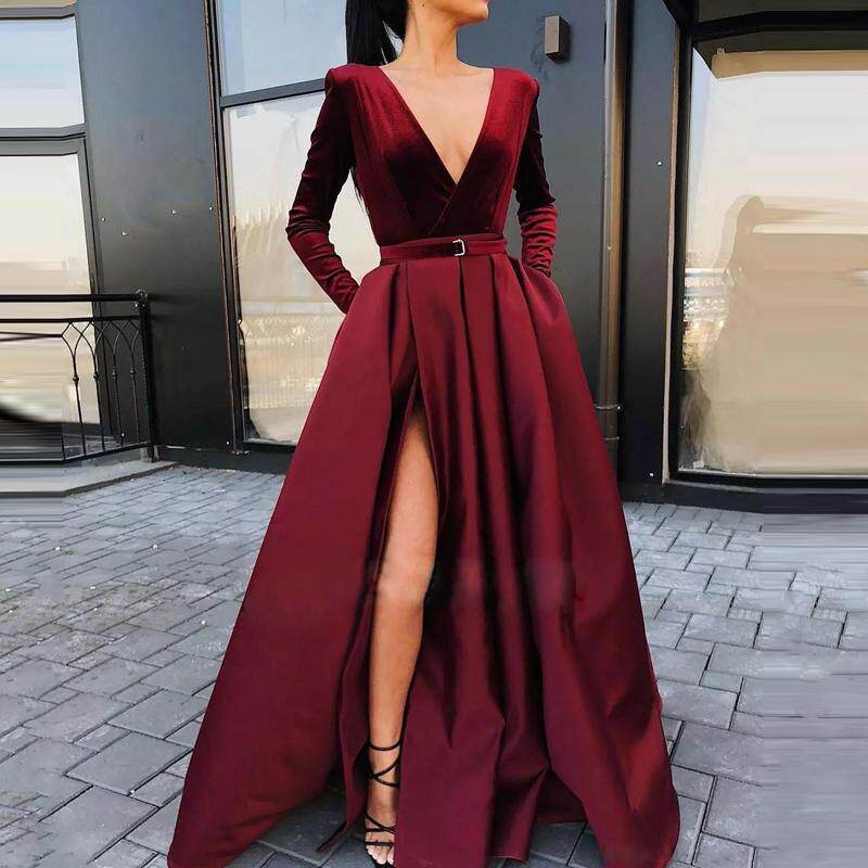 欧美时尚气质女装连衣裙性感深V长袖礼服晚宴开叉大摆气质长裙子