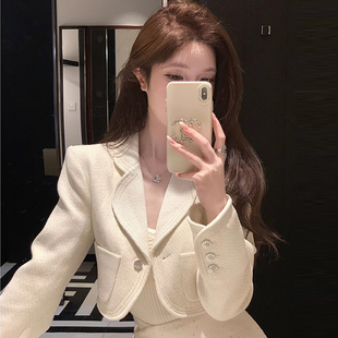 小香风白色短款西装女修身一粒扣装饰轻奢气质千金风百搭西服外套