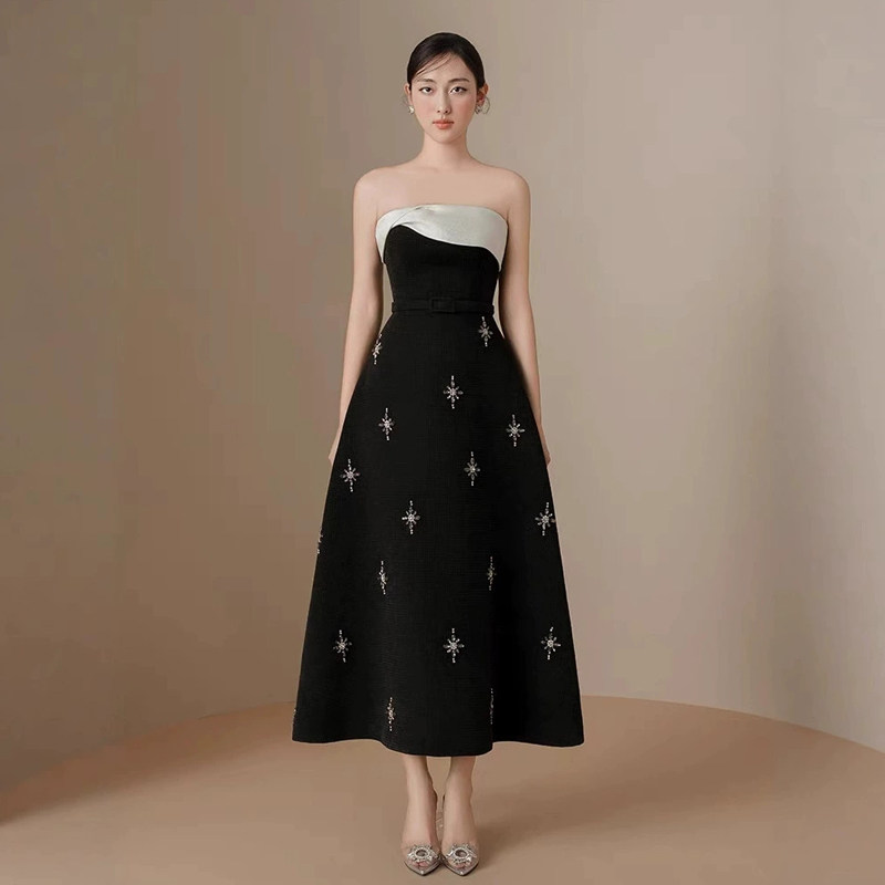 越南小众高级感抹胸撞色收腰显瘦钉珠大摆吊带长款礼服宴会连衣裙