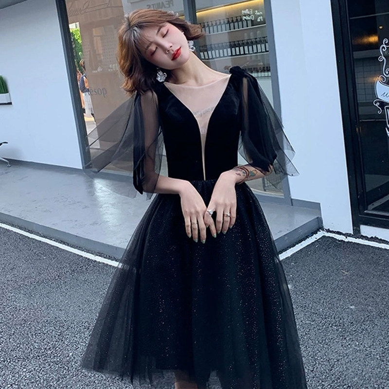 赫本风黑色网纱成人礼年会晚礼服