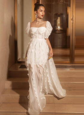 法式白色泡泡袖蕾丝连衣裙晚宴聚会主持礼服小众气质仙女网纱长裙