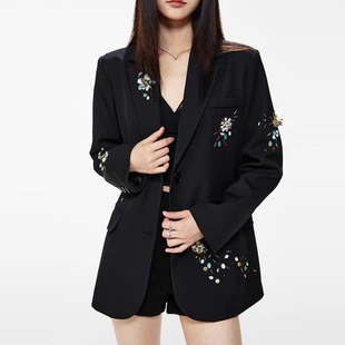 黑色高级感钉珠立体花朵西装女长袖休闲西服外套高定重工亮片百搭