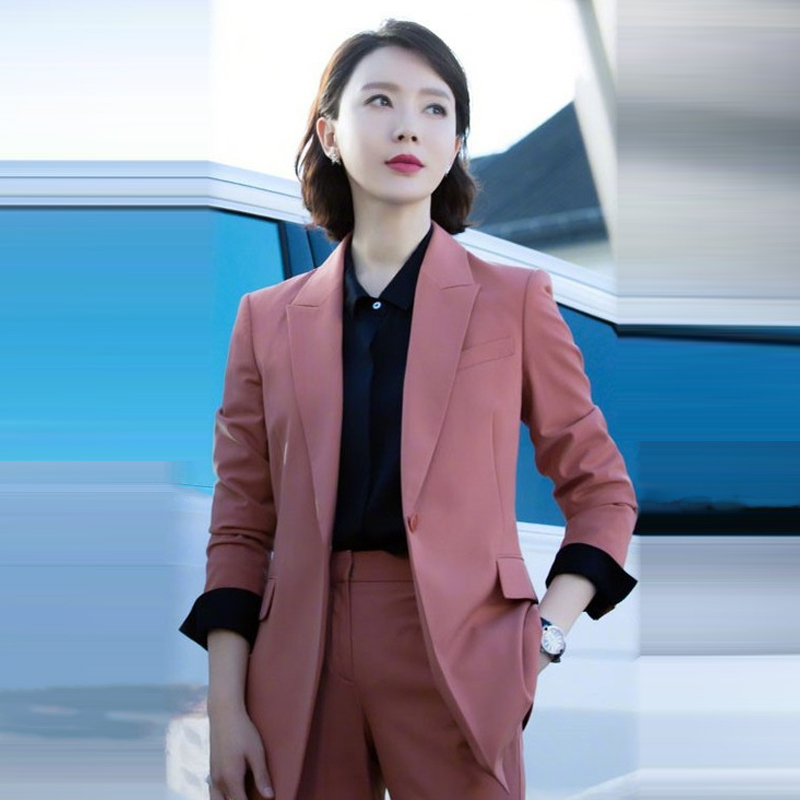 通勤风粉色修身职业西装套装