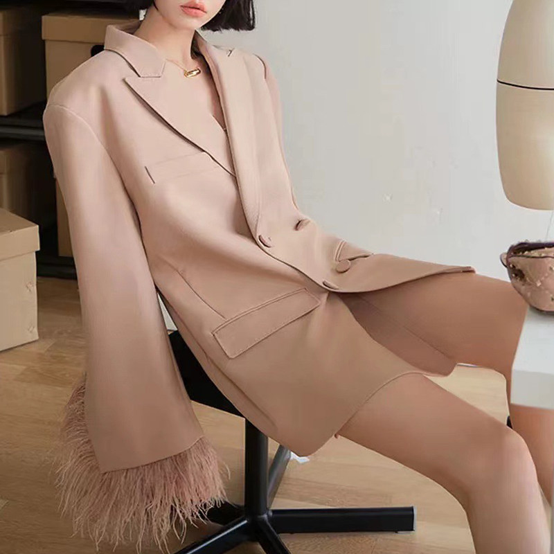 法式气质羽毛袖拼接小西装外套女