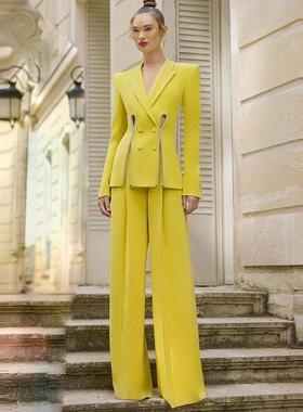 欧美风高级感御姐西装黄色艺考主持人直筒裤年会演讲西服两件套装