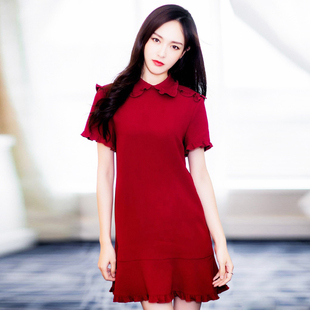 法式复古红色娃娃领连衣裙女韩版时尚气质显瘦小礼服鱼尾裙短裙子