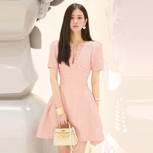小香风粉色V领收腰连衣裙女短袖A字裙名媛气质显瘦千金风聚会礼服