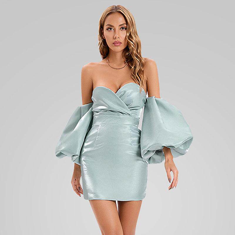 一字肩灯笼袖性感裹胸包臀连衣裙生日晚宴聚会主持人小礼服短裙女