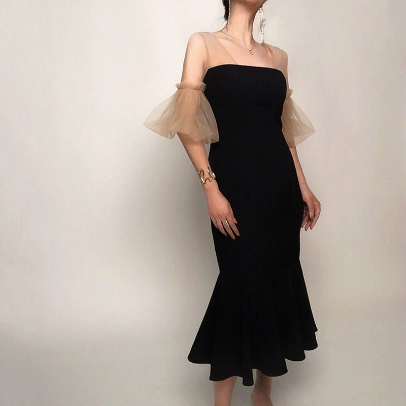 法式复古赫本网纱拼接小黑裙名媛气质生日宴会鱼尾晚礼服连衣裙女
