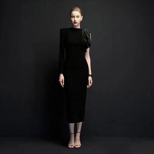 高端主持人长裙生日派对年会礼服职场商务简约圆领修身包臀连衣裙