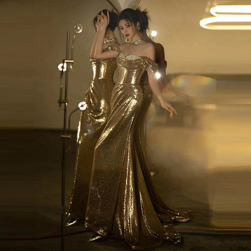 一字肩金色亮片主持人晚宴聚会礼服轻奢风高级感性感抹胸鱼尾长裙