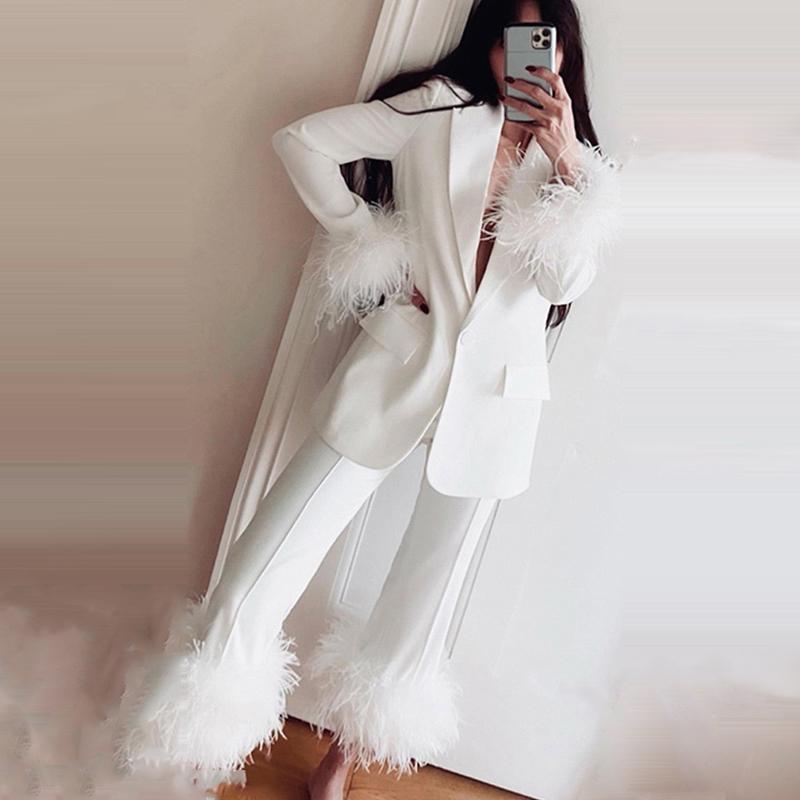 毛毛拼接修身显瘦西服两件套装女