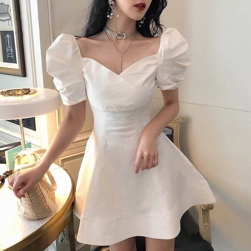 法式V领泡泡袖收腰显瘦连衣裙女