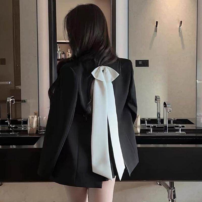蝴蝶结拼接宽松黑色显瘦西服外套