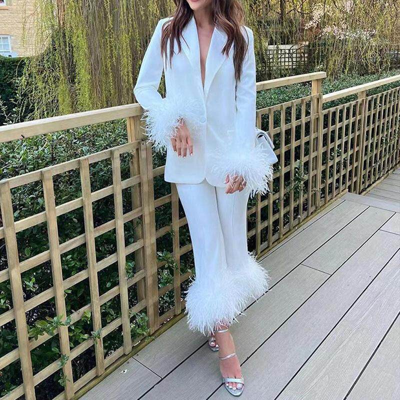 袖口毛毛拼接西服裤子两件套装女