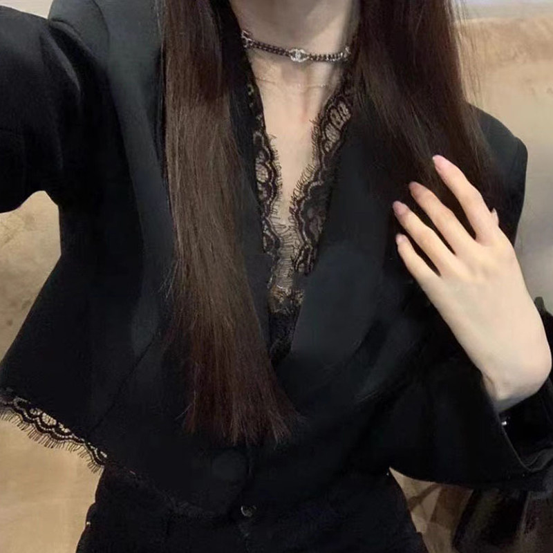 赫本风黑色蕾丝海边拼接小西装女