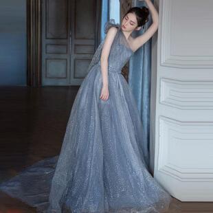 法式单肩生日晚宴聚会网纱晚礼服长款婚纱气质名媛轻奢订婚连衣裙