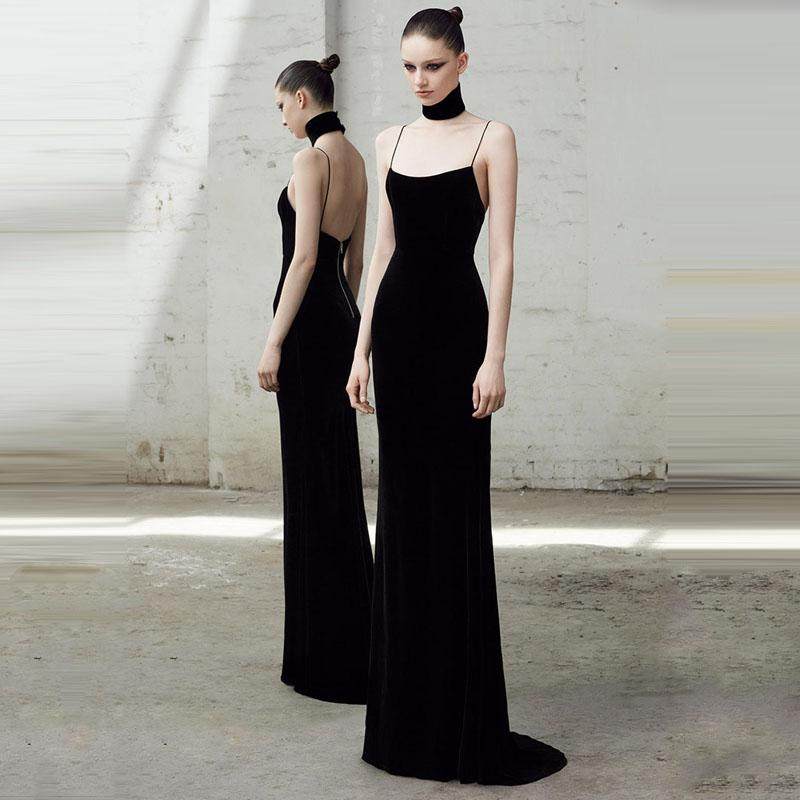 晚宴聚会派对礼服鱼尾显瘦高端大气连衣裙丝绒黑色主持人吊带长裙