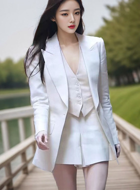 韩版时尚气质西装套装修身白色西装外套V领单排扣马甲短裤三件套