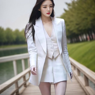 韩版时尚气质西装套装修身白色西装外套V领单排扣马甲短裤三件套