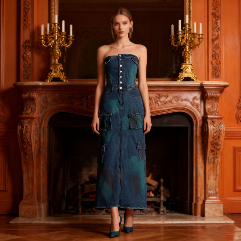 欧美风性感抹胸单排扣迷彩牛仔裙潮流时尚拼接修身显瘦包臀连衣裙