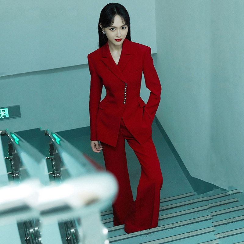 名媛气质高级感单排扣小西服阔腿裤收腰修身显瘦红色西装两件套女