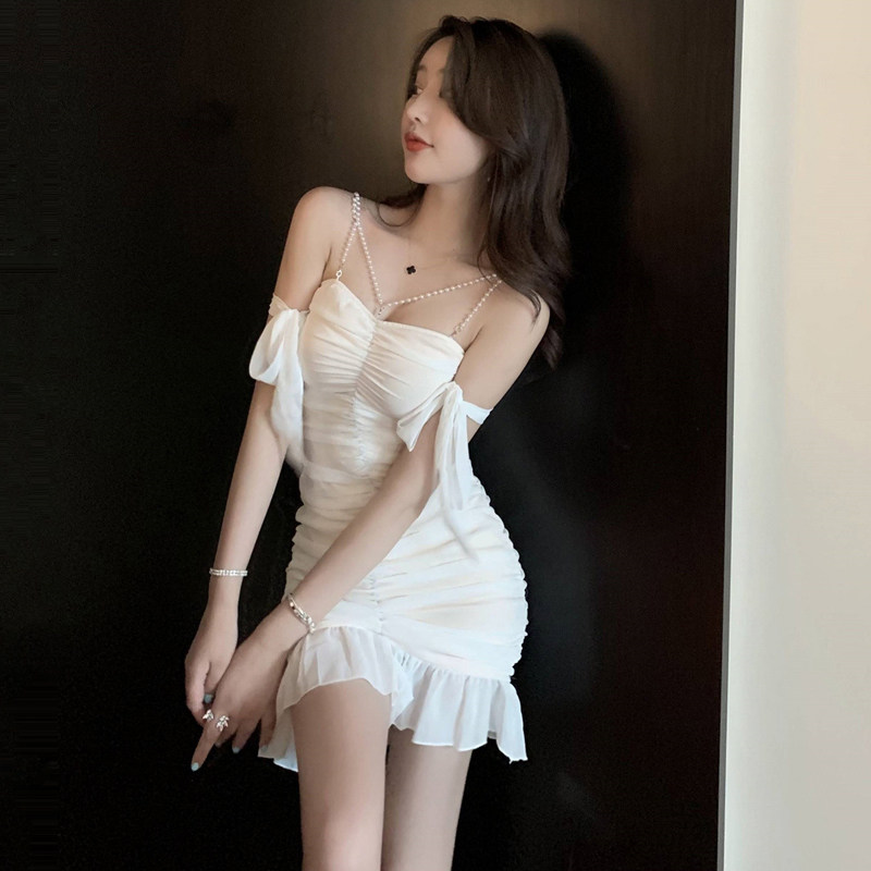 性感露背珍珠吊带荷叶边鱼尾裙女
