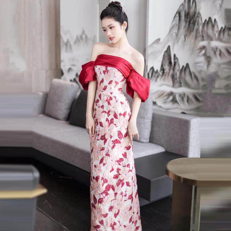 订婚连衣裙一字肩敬酒服抹胸气质