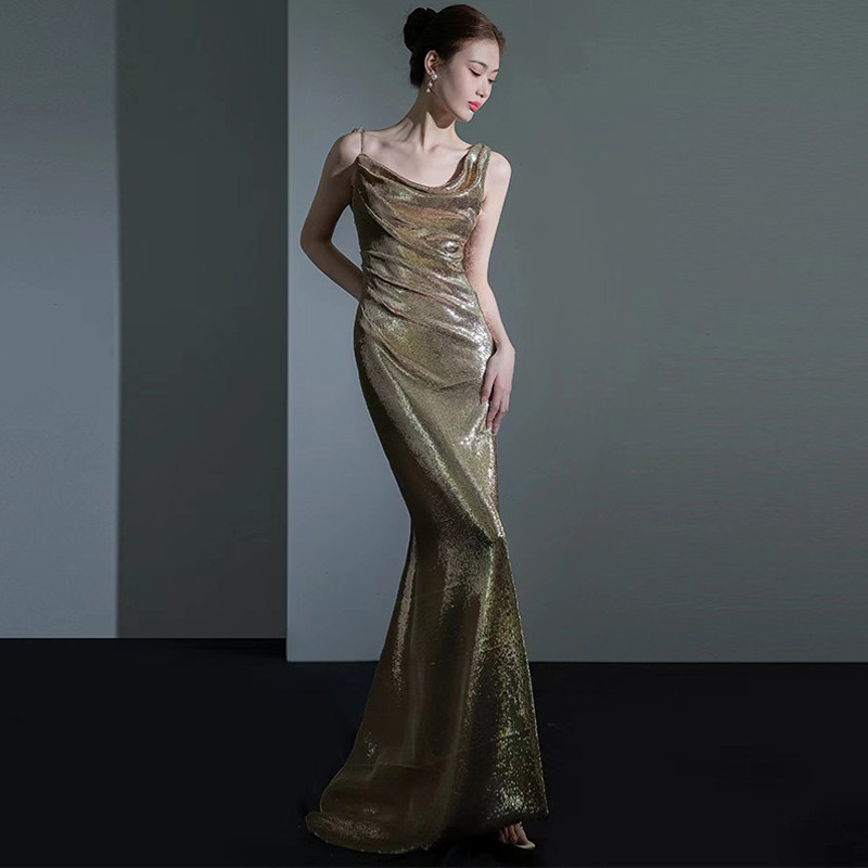 单肩吊带鱼尾长裙晚礼服女名媛气质亮片年会主持人性感露背敬酒服
