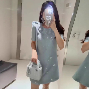 小香风立体花朵连衣裙女短袖名媛风小个子显瘦气质蝴蝶结聚会礼服