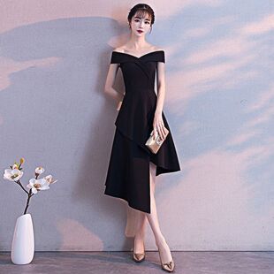 晚礼服女小个子宴会气质名媛一字肩中长款显瘦公司年会派对连衣裙