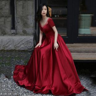 小个子平时可穿法式酒红色回门出阁宴会礼服高级感缎面长款连衣裙
