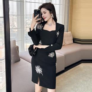 韩版时尚御姐气质闪亮镶钻钉珠裙子黑色修身显瘦包臀方领连衣裙女