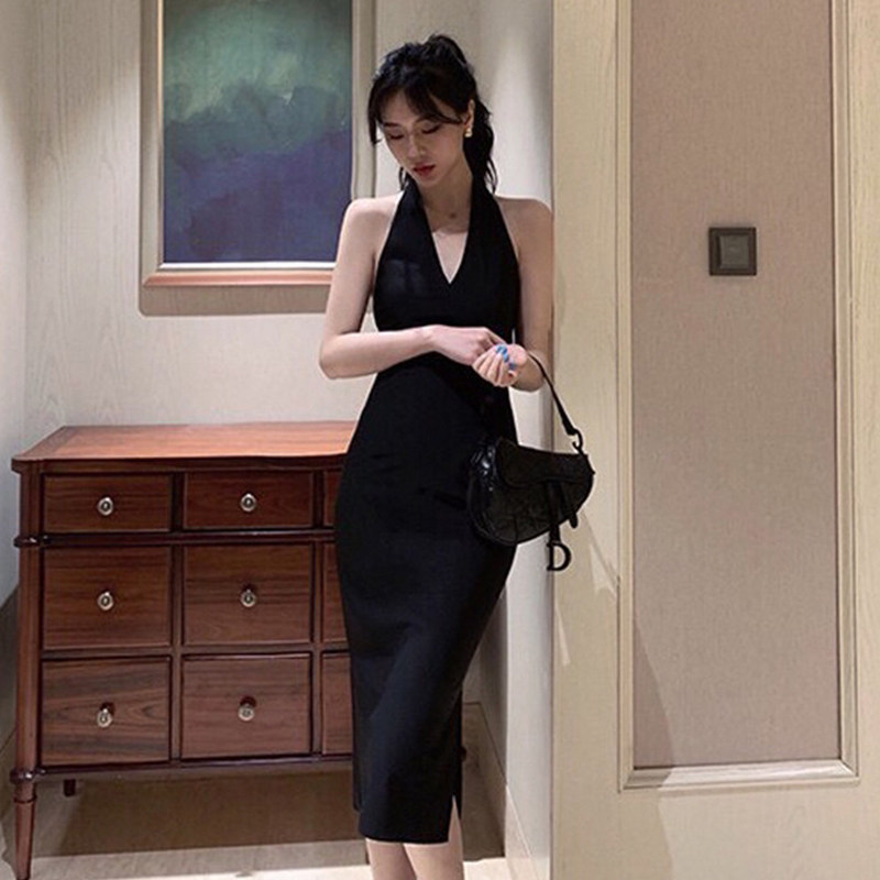 名媛挂脖露背礼服包臀开叉连衣裙