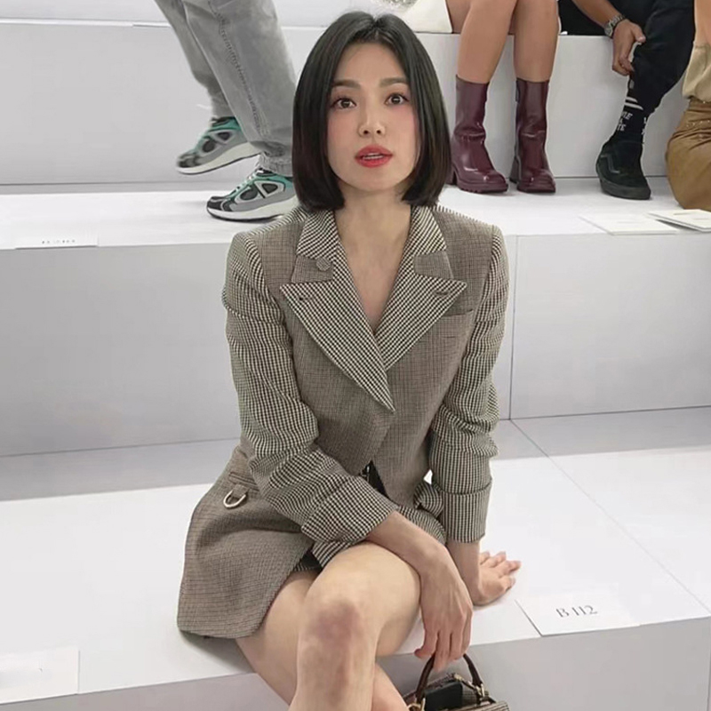 通勤风格子拼接西装外套两件套女