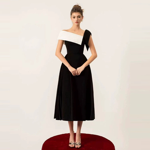 越南小众气质优雅中长裙黑白撞色斜领单肩收腰显瘦晚礼服连衣裙女