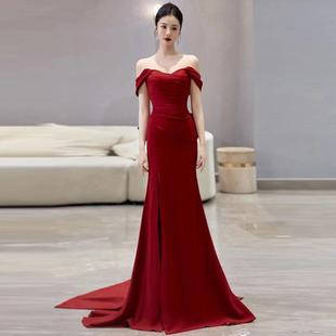 一字肩主持人年会长裙生日派对晚礼服订婚拖尾伴娘敬酒服连衣裙女
