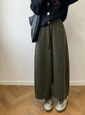 深圳南油羊毛呢香蕉弯刀阔腿九分裤女25年秋冬高腰休闲保暖哪吒裤