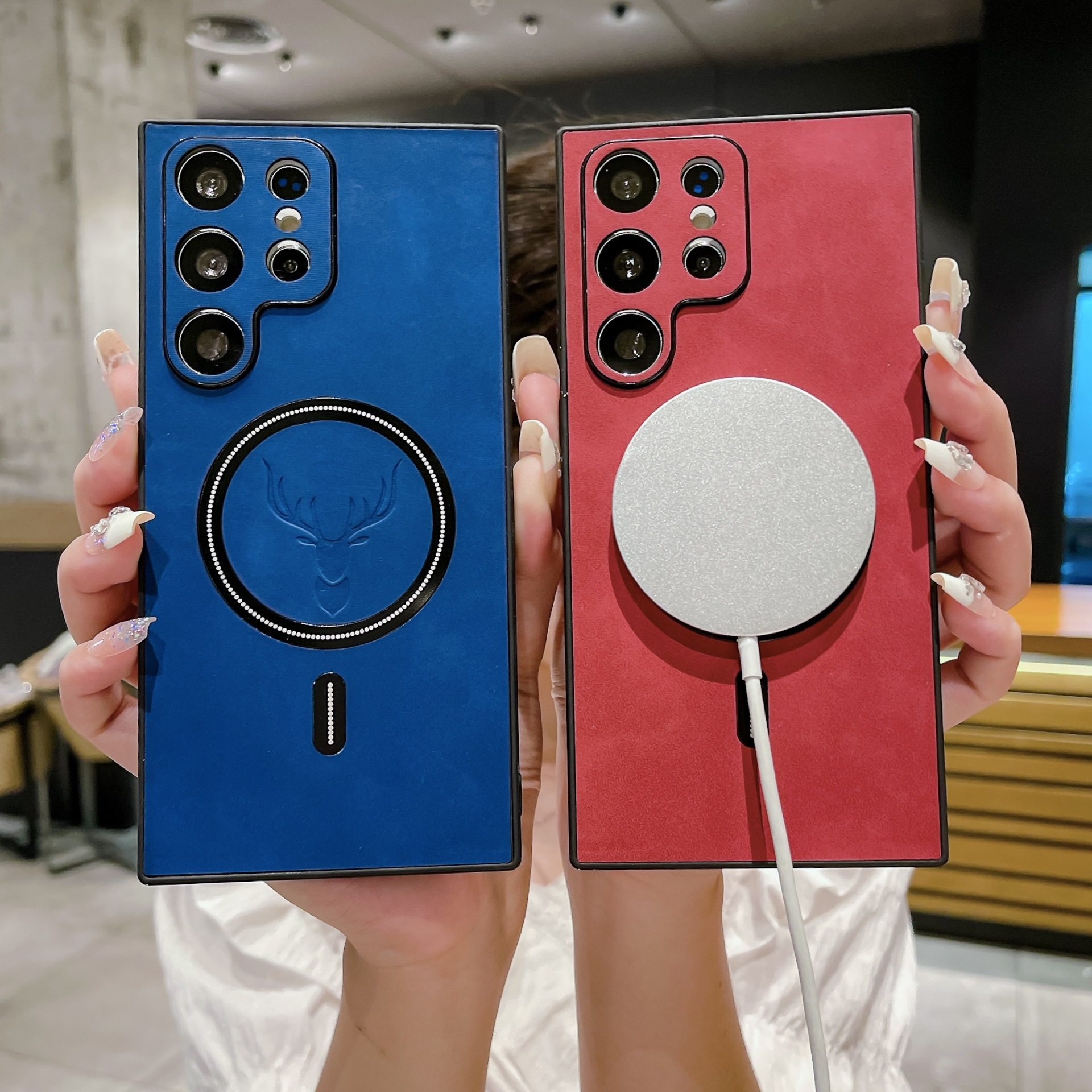 三星磁吸防摔布纹羊巴皮手机壳