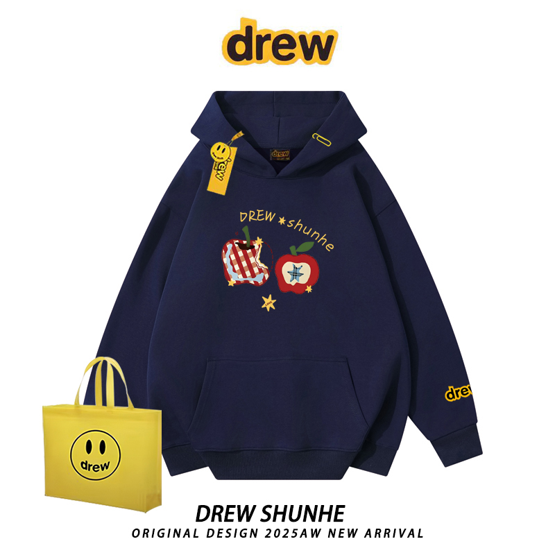 drew笑脸复古苹果印花连帽卫衣