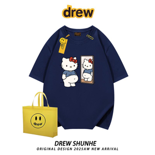 Drew美式卡通照镜子KT猫印花纯棉短袖T恤男女宽松情侣装圆领半袖