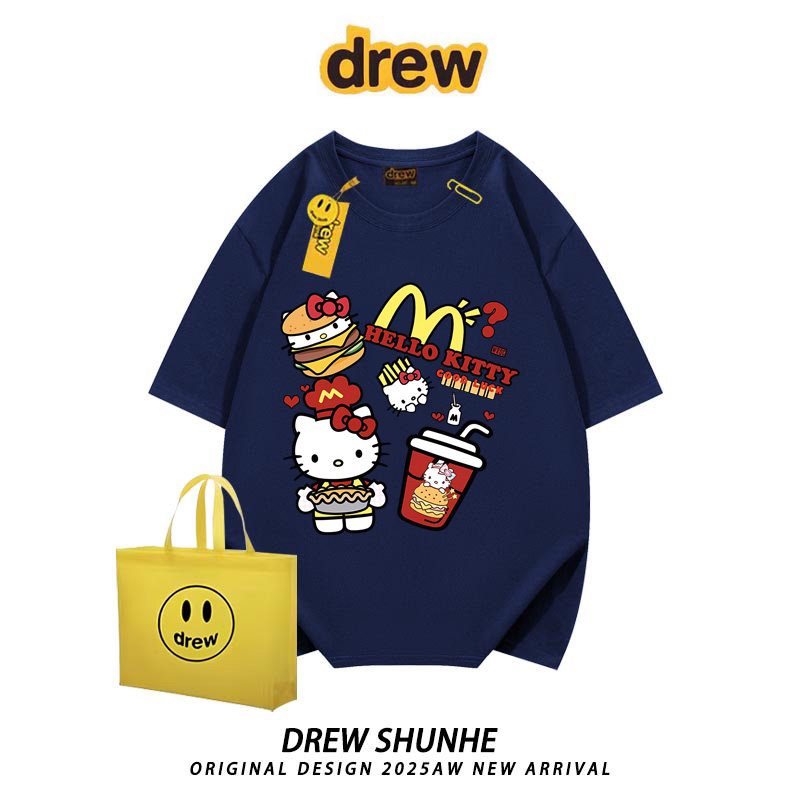 drew可爱汉堡HelloKitty纯棉短袖t恤男女街头慵懒宽松半袖情侣INS