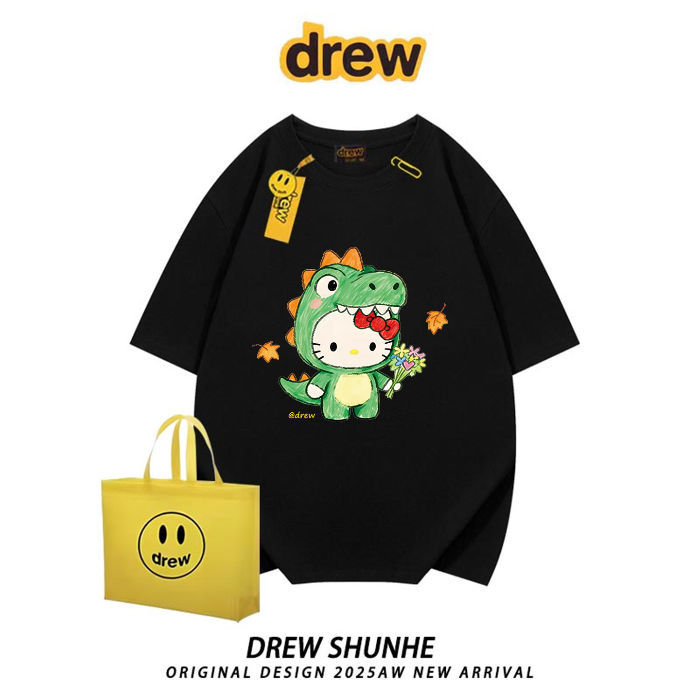 drew潮牌卡通恐龙KT猫印花短袖T恤美式男女宽松情侣装百搭半袖tee