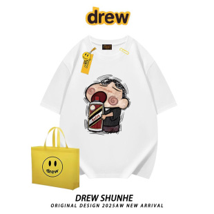 tee t恤男女休闲宽松bf情侣半袖 drew美式 手绘蜡笔小新趣味印花短袖