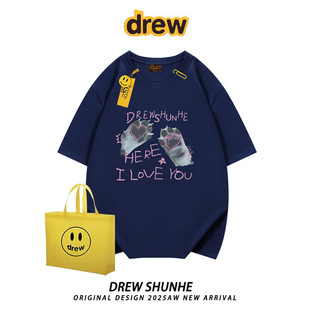 高街男女BF风宽松情侣纯棉半袖 drew潮牌复古猫爪印花短袖 T恤美式