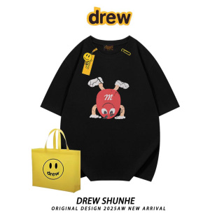 ins 街头BF宽松男女情侣半袖 drew潮牌复古卡通M豆印花短袖 t恤美式