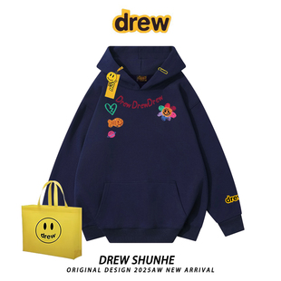 drew美式 复古潮牌小鱼太阳花连帽卫衣男女原宿风宽松bf情侣上衣