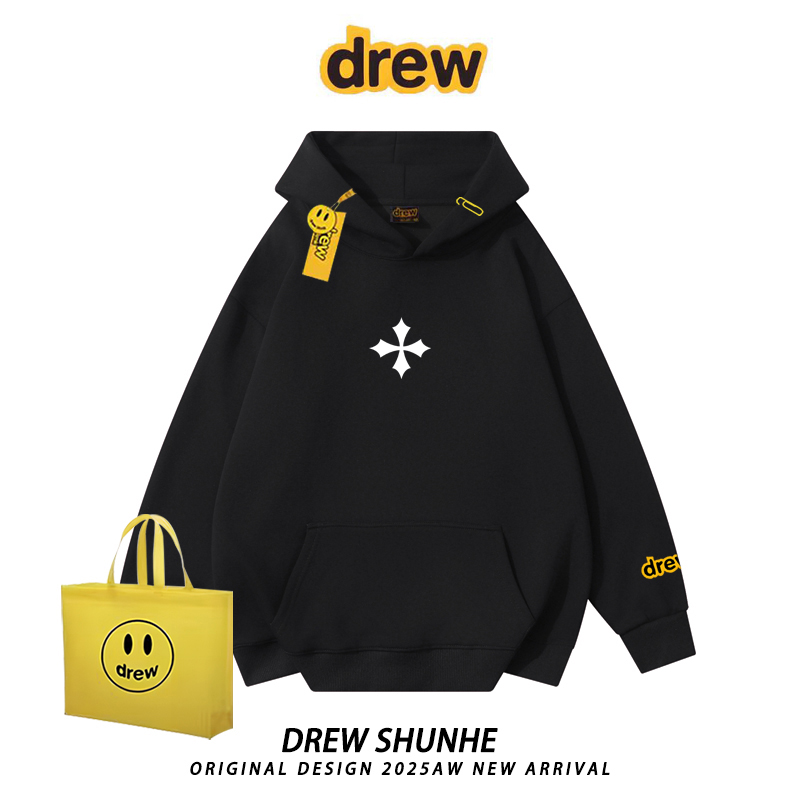 drew潮牌复古十字架印花连帽卫衣