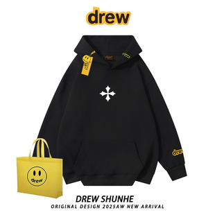 drew潮牌复古十字架印花连帽卫衣美式 街头宽松男女情侣加绒外套